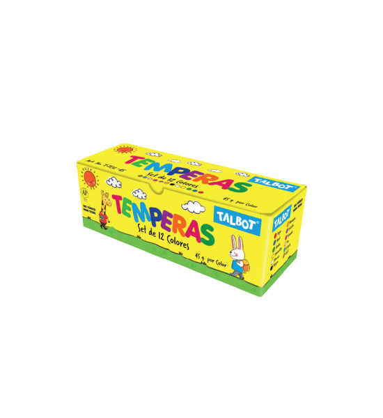 Témpera Escolar Clasica, Caja x 12 Colores x 45 g. c.u. (incluye Pincel + Paleta)